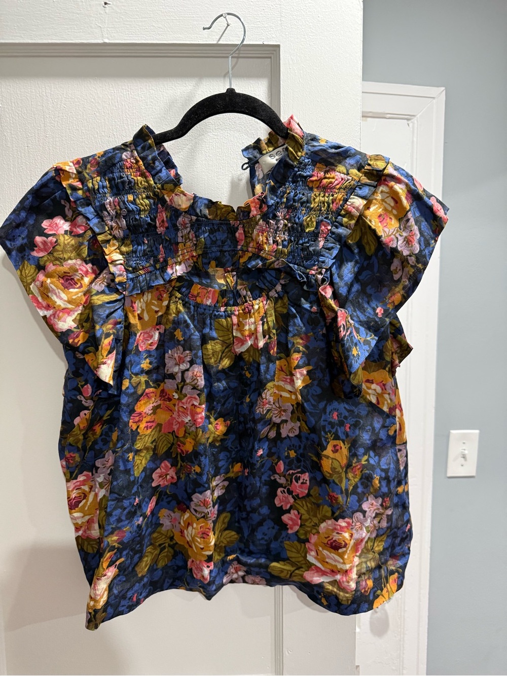 Sea New York Navy Floral Smocked Flutter Sleeve Top